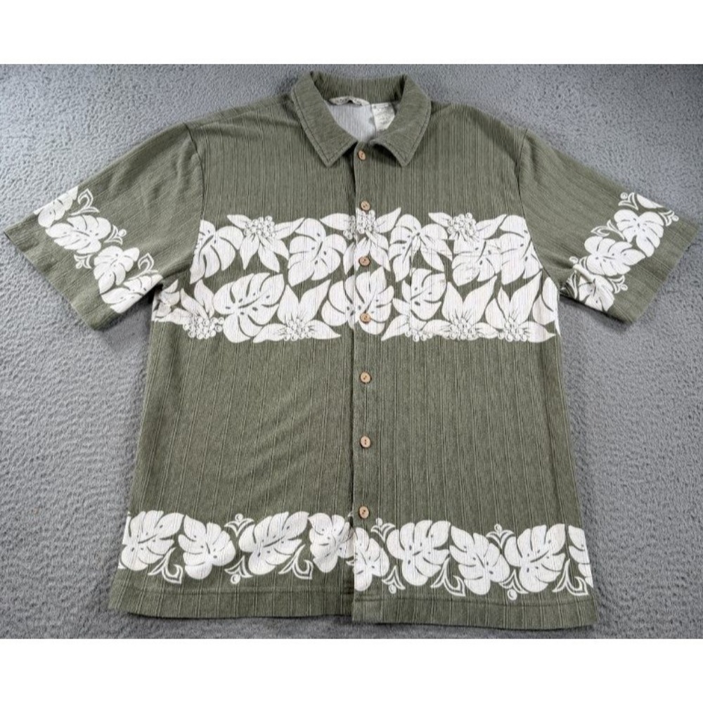 Vintage Quiksilver Hawaiian Camp Shirt Mens Large Green White Floral Button Up